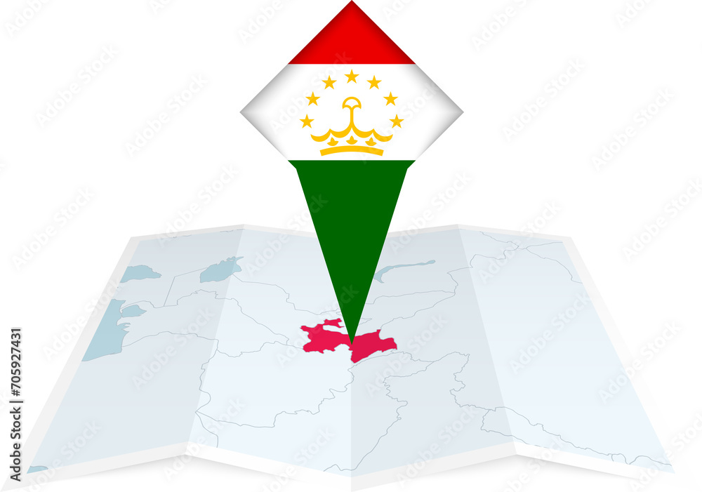 Sticker tajikistan pin flag and map on a folded map