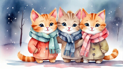 Funny cat's family watercolor illustration. Cute animal art.