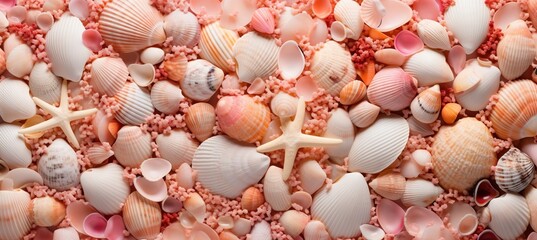 Fototapeta premium The beauty of nature peach fuzz and coral seashells perfectly arranged on a sandy beach