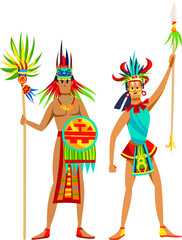 Two Aztec warriors in traditional costumes holding weapons, ceremonial attire and headgear, standing proudly. Ancient civilization and historical characters vector illustration.