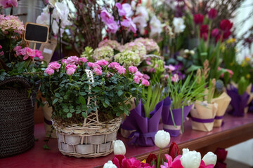 Naklejka premium Bouquet of pink roses in a wicker basket in a flower shop