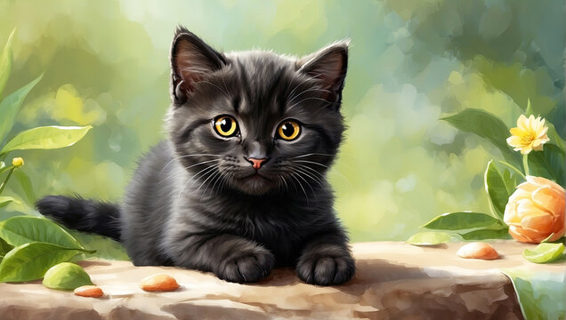 Funny black cat watercolor illustration. Cute animal art.