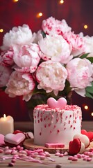 A white cake with pink and red sprinkles next to a vase of flowers