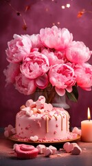 A cake with pink flowers and a lit candle