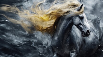Obraz na płótnie Canvas A white horse running through a body of water