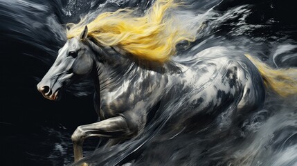 A painting of a white horse with a yellow mane