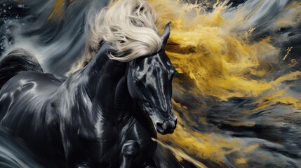 Obraz na płótnie Canvas A painting of a black horse with a yellow mane