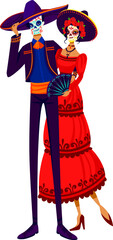 Couple dressed in traditional Mexican Day of the Dead costumes with painted skulls. Dia de los Muertos celebration and festivity vector illustration.
