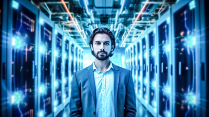 Fototapeta premium Businessman inspects server cabinets in a data center corridor