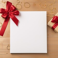 A white box with a red ribbon and a gift