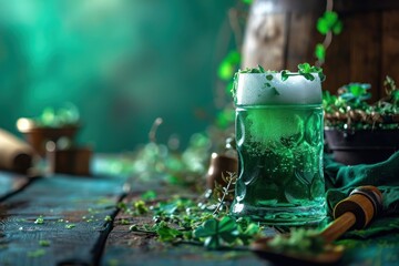 Green beer with clover leaves on a wooden background. Selective focus. Saint Patrick's Day Concept with Copy Space.