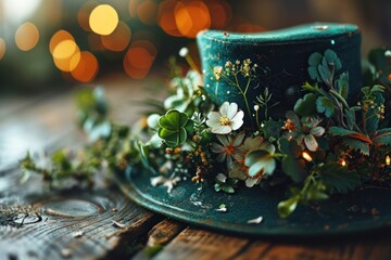Green ceramic cup with wildflowers on a rustic wooden table. Saint Patrick's Day Concept with Copy Space. - obrazy, fototapety, plakaty