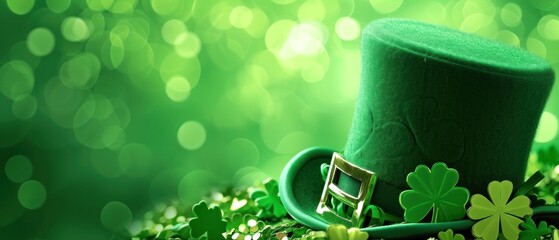 St. Patrick's day background with green clover and leprechaun hat. Saint Patrick's Day Concept with Copy Space. - obrazy, fototapety, plakaty
