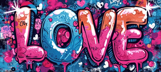 Fotobehang Generative AI, Colorful word Love with hearts as graffiti love symbol on the wall, street art. Melted paint.   © DELstudio