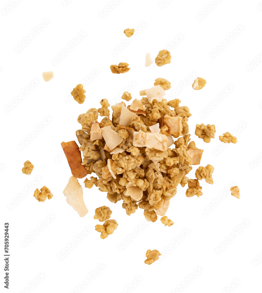 Wall mural pile of granola isolated on white background with clipping path, flat lay of heap muesli, healthy br