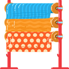 Colorful fabric rolls on stand, textiles with patterns, fashion design materials. Sewing and tailoring supplies vector illustration.