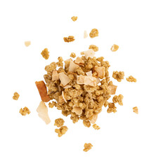 pile of granola isolated on white background with clipping path, flat lay of heap muesli, healthy...
