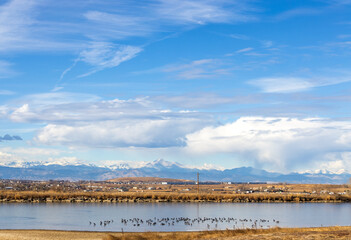 Colorado Living. Loveland, Colorado - Denver Metro Area Residential Winter Panorama with the view of Front Range mountains in the distance