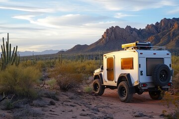 Modern camper from the back on the beautiful Sonoran Desert