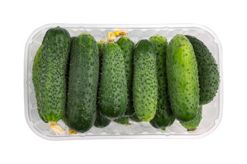 packaging of fresh cucumbers, top view, group of organic vegetables isolated on a white background with clipping path