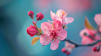 Pink Spring Blossom Against a Soft Blue Background
