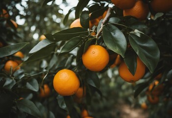 Bunch of fresh ripe oranges hanging on a tree in orange garden