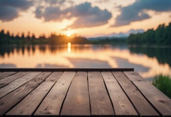 Fototapeta na wymiar Empty wooden table top with blurred nature background Calm sunny evening in nature with view to lake