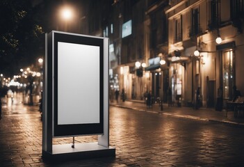 Mockup Blank white vertical advertising banner billboard stand on the sidewalk at night - obrazy, fototapety, plakaty