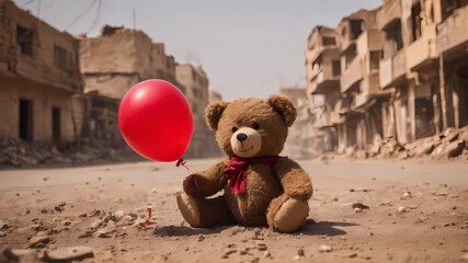 Pakistan War destroyed city, A Dirty little bear doll and a red balloon,Desolation,high resolution,...