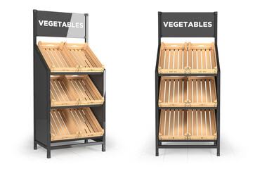 Supermarket display stand with shelves with boxes for vegetables. 3d illustration isolated on white