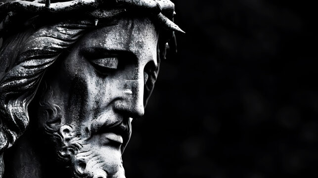 Black and white photo of a statue of Jesus of Nazareth, Christian Easter, Holy Week. Space for text