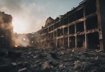 Post-apocalyptic abandoned city Destroyed buildings burning rubble polluted water and air
