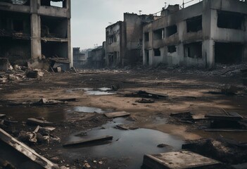 Post-apocalyptic abandoned city Destroyed buildings burning rubble polluted water and air Devastate environment