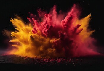 Fototapeta na wymiar Red and yellow colored powder explosions on black background Holi paint powder splash in colors of fire