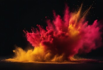 Red and yellow colored powder explosions on black background Holi paint powder splash