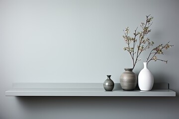 Clean and modern setting featuring an empty white shelf on a monochromatic grey wall, ideal for product mock up display