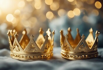 Two shiny royal crowns on festive background in gold tones - obrazy, fototapety, plakaty