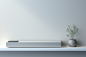 Clean and modern setting featuring an empty white shelf on a monochromatic grey wall, ideal for product mock up display