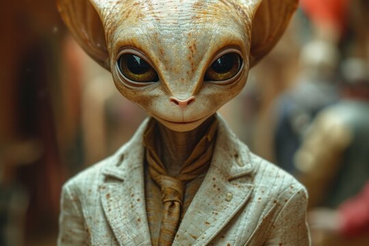 A close-up portrait of an alien with piercing blue eyes and smooth, cerulean skin