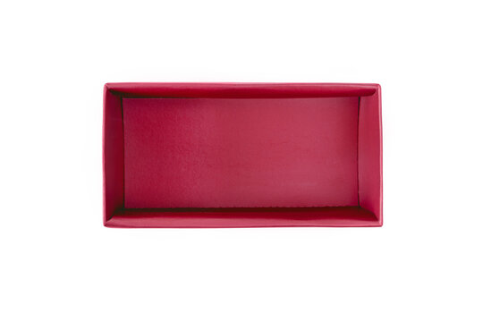 Red open empty rectangular gift box top view isolated transparent png. Holiday present paper container mockup.