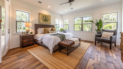 Naklejka premium Farmhouse interior design of modern bedroom with hardwood floor