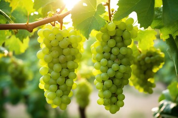 Ripe green grapes in vineyard
