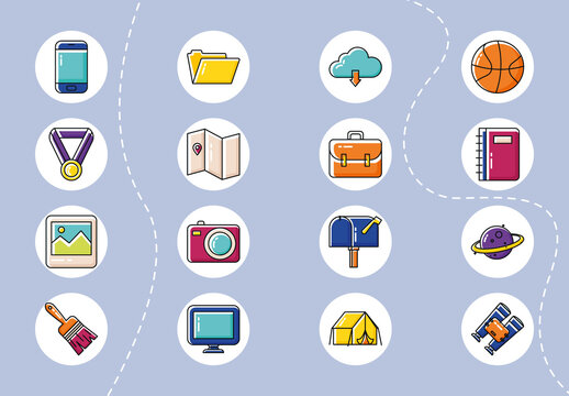 Light Blue and White Outline Education and Travel Icon Set