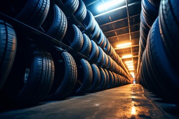 A tire shop photo, showing many tires stacked, with bright light. A clear picture of a tire with...