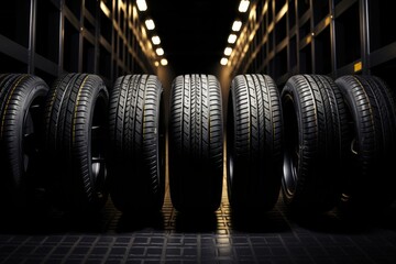 A tire shop photo, showing many tires stacked, with bright light. A clear picture of a tire with more tires behind it.