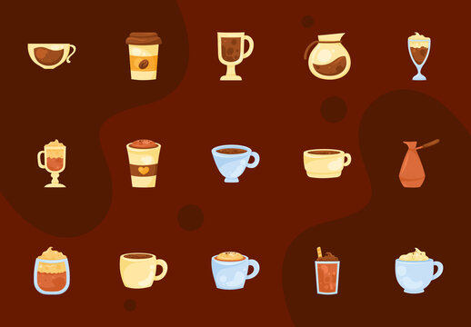 Brown Coffee Drinks Flat Illustration Icon Set