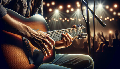 Close-up of a guitarist's hands skillfully playing an acoustic guitar, with concert stage lights...