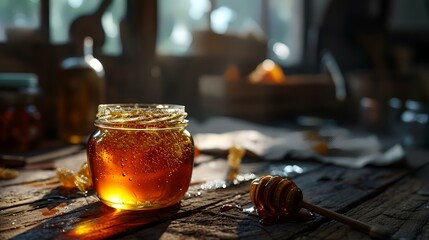 Honey in a glass jar with a honey dipper on a wooden background - obrazy, fototapety, plakaty