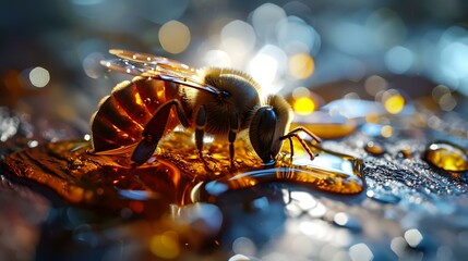 Macro shot of a bee collecting honey on a piece of wood - obrazy, fototapety, plakaty