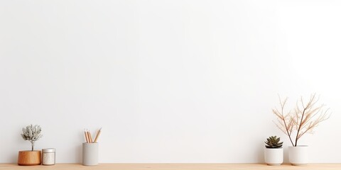 Minimal workspace with camera, decorations, and copy space on white table and wall.